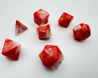 Red & White Sparkling Plastic Dice Set | 7 Piece Gift Set | Pathfinder, DnD, TTRPG, Christmas Gift, Red dice, Red and White dice
