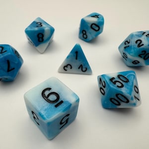 Blue & White Swirled Plastic Dice Set | 7 Piece Gift Set | Pathfinder, DnD, TTRPG, Christmas Gift, Blue dice, Blue and White dice