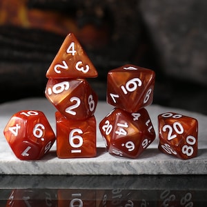 Orange Swirled Plastic Dice Set | 7 Piece Gift Set | Pathfinder, DnD, Tabletop Games