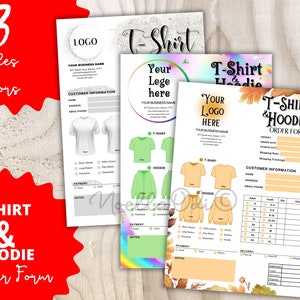 Pode incluir: Três formulários de pedido de camisetas e moletons com capuz com designs diferentes. Os formulários incluem espaços para informações do cliente, detalhes do pedido e métodos de pagamento. Os formulários são brancos, com um design vermelho, preto e outonal.