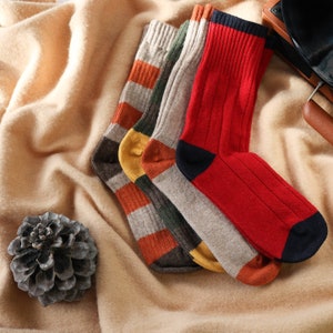 Merino Wool Socks Gift Set: Striped Warm Knit Socks, Pack of 4
