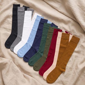 Può includere: Una collezione di undici calze al ginocchio disposte a ventaglio, caratterizzate da una varietà di colori a tinta unita tra cui nero, grigio, bianco, azzurro, blu navy, verde scuro, oliva, bordeaux, beige, marrone chiaro e giallo senape.