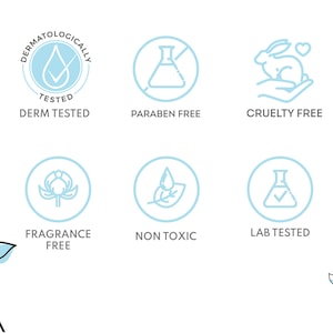 Puede incluir: Un conjunto de nueve iconos que representan diferentes caracter&iacute;sticas de los productos, incluyendo "Probado dermatol&oacute;gicamente", "Sin parabenos", "Cruelty Free", "Sin perfume", "No t&oacute;xico" y "Probado en laboratorio".