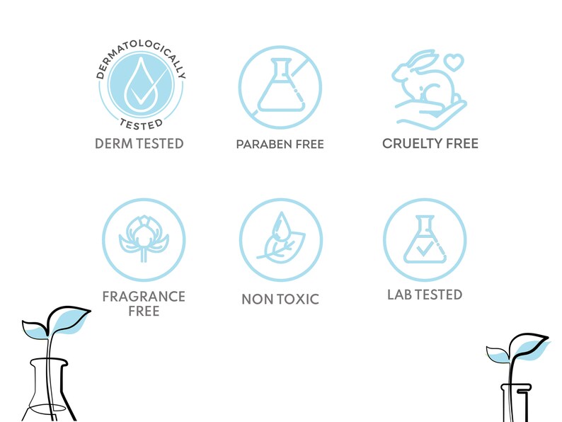Puede incluir: Un conjunto de nueve iconos que representan diferentes caracter&iacute;sticas de los productos, incluyendo "Probado dermatol&oacute;gicamente", "Sin parabenos", "Cruelty Free", "Sin perfume", "No t&oacute;xico" y "Probado en laboratorio".