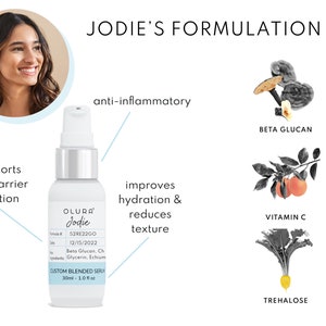Puede incluir: Un frasco blanco con una tapa de bomba plateada y una etiqueta que dice "OLURA Jodie CUSTOM BLENDED SERUM 30ml - 1.0 fl oz". El frasco est&aacute; etiquetado con los ingredientes "Beta Glucan, Ch Glycerin, Echium" y la fecha "12/15/2022". El frasco est&aacute; rodeado de ilustraciones de ingredientes y sus beneficios, que incluyen "antiinflamatorio", "apoya la funci&oacute;n de barrera de la piel", "mejora la hidrataci&oacute;n y reduce la textura", "beta glucano", "vitamina C" y "trehalosa".