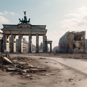 May include: A view of the Brandenburg Gate in Berlin, Germany, with rubble and debris in the foreground. The gate is a large, neoclassical structure with a quadriga, a four-horse chariot, on top. The gate is made of sandstone and has five archways. The gate is surrounded by buildings, some of which are damaged.