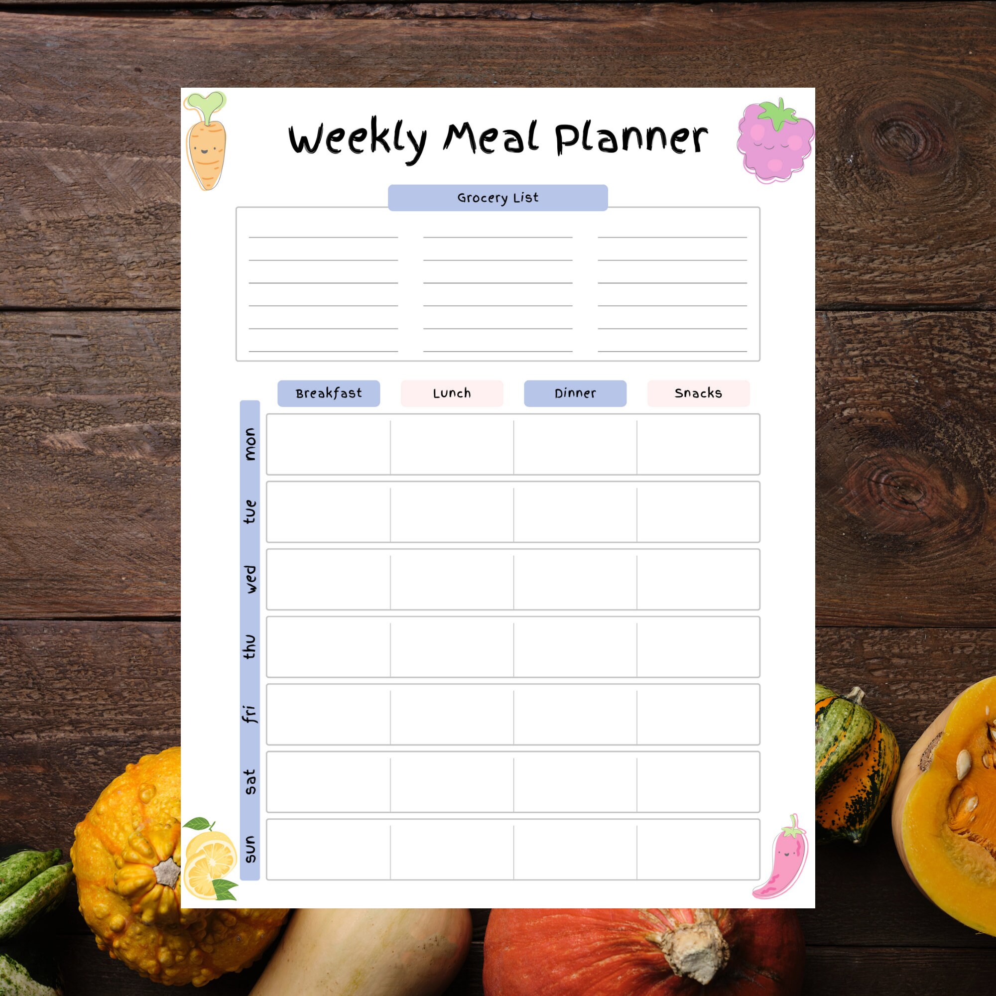 Weekly Meal Planner, Adorable Printable Meal Page, Grocery List