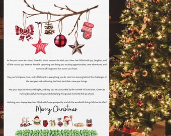May include: A Christmas-themed greeting card featuring watercolor ornaments hanging from a branch. The ornaments include a bow, star, pinecone, and mitten. The card has text wishing a Merry Christmas and a Happy New Year.