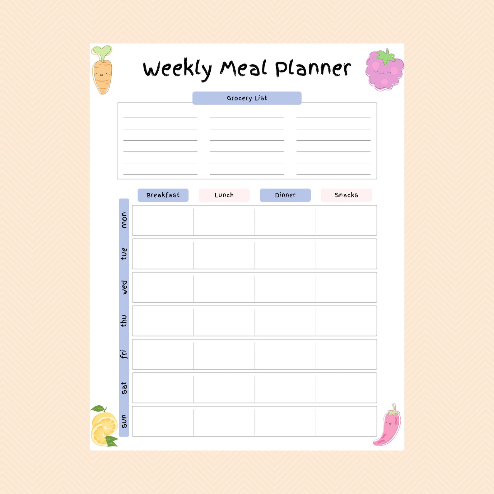 Weekly Meal Planner Adorable Printable Meal Page Grocery - Etsy