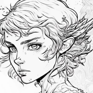 May include: A black and white line drawing of a woman with short hair and a feather in her ear. The woman has a serious expression on her face.