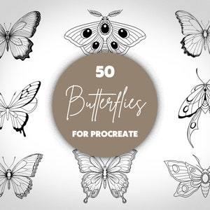 May include: A set of 50 black and white butterfly illustrations for Procreate. The butterflies are in various poses and styles, including some with intricate details.