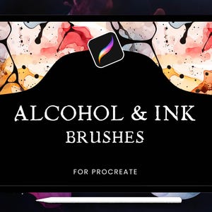 Puede incluir: Una ilustración digital de una pantalla de iPad que muestra un conjunto de pinceles de alcohol y tinta para Procreate. El fondo es un diseño abstracto colorido con remolinos de rosa, naranja y amarillo.