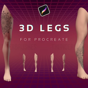 Puede incluir: Cinco piernas 3D con intrincados tatuajes negros, incluido un diseño de mandala, se muestran sobre un fondo de cuadrícula rosa y negro. El texto "3D LEGS FOR PROCREATE" se muestra en el centro de la imagen.