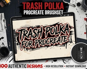May include: A digital art product advertisement featuring a tablet displaying "TRASH POLKA FOR PROCREATE" in bold, stylized lettering. The image includes the text "100 AUTHENTIC DESIGNS" and "HIGH RESOLUTION". The background has ink splatters and art supplies.
