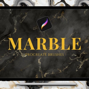 May include: A digital tablet displaying a black and gold marble background with the text "MARBLE PROCREATE BRUSHES". A small icon of a paintbrush is in the top left corner of the screen.