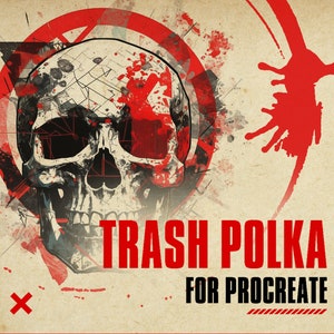 Puede incluir: Una ilustración digital de una calavera con formas geométricas rojas y negras y salpicaduras de pintura roja. El texto "Trash Polka for Procreate" está escrito en letras rojas y negras.