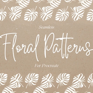 May include: A digital illustration of white floral patterns on a brown background. The text "Seamless Floral Patterns for Procreate" is written in white.