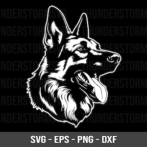 Può includere: Silhouette in bianco e nero della testa di un pastore tedesco con la lingua di fuori. Il cane guarda a destra.