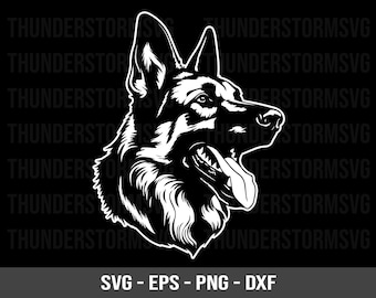 May include: Black and white silhouette of a German Shepherd dog's head with its tongue sticking out. The dog is looking to the right.