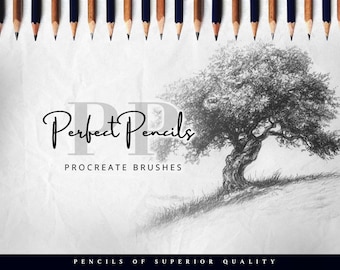 May include: A digital illustration of a tree drawn with a pencil. The text "Perfect Pencils" is written in a cursive font above the tree. The text "Procreate Brushes" is written below the tree. The text "Pencils of Superior Quality" is written at the bottom of the image.