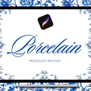 以下が含まれることがあります： 白い背景と青い花の縁取りのあるタブレットの画面のデジタルイラスト。"Porcelain"というテキストは青い筆記体で書かれています。"Procreate Brushes"というテキストは、"Porcelain"という単語の下に小さなフォントで書かれています。Procreateアプリのアイコンは画面の上部中央にあります。
