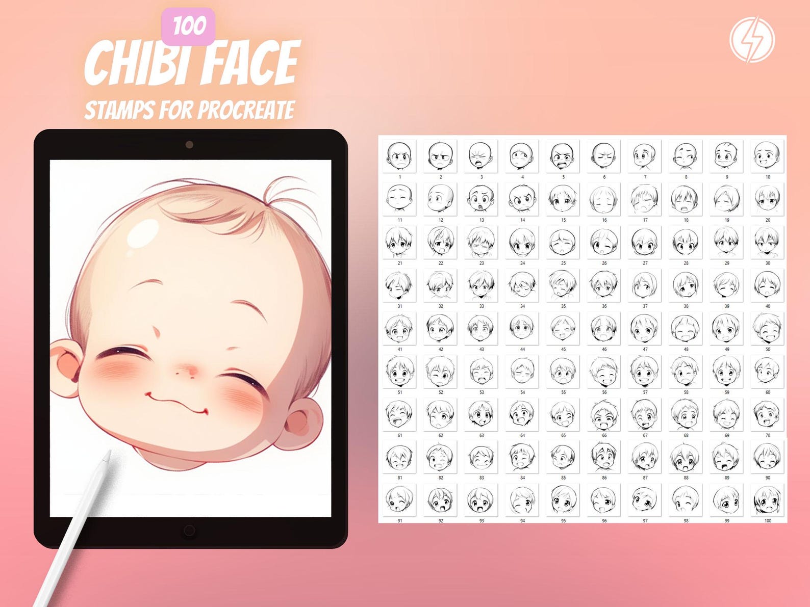 Procreate Chibi Emote Brushes: 100 Cartoon Face Stamps (digital ...