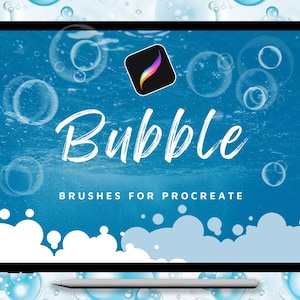 Könnte beinhalten: Eine digitale Illustration eines Tablet-Bildschirms mit dem Text "Bubble Brushes for Procreate" auf blauem Hintergrund mit weißen Blasen. Das Procreate-Logo befindet sich in der oberen linken Ecke des Bildschirms.