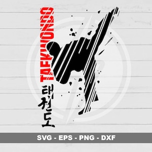 May include: Black silhouette of a person performing a high kick, with the word "TAEKWONDO" in red vertically on the left. Korean characters are below the word. The image has a white background with a wooden plank design.