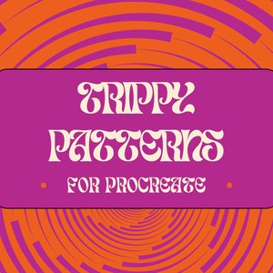 Könnte beinhalten: Ein violettes Rechteck mit dem Text "Trippy Patterns for Procreate" in Weiß vor einem Hintergrund aus konzentrischen orangefarbenen und rosafarbenen Kreisen.