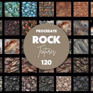 Puede incluir: Una colección de 120 texturas de roca Procreate. Las texturas están dispuestas en una cuadrícula y presentan una variedad de tipos de roca, incluyendo granito, mármol, arenisca y pizarra.