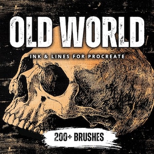 Puede incluir: Ilustración de una calavera humana con las palabras "OLD WORLD" y "INK & LINES FOR PROCREATE" en blanco. Debajo, el texto "200+ BRUSHES" en una pancarta blanca. El fondo es oscuro con una textura desgastada.