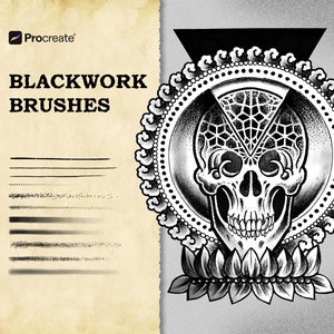 May include: Black and white illustration of a skull with intricate details, surrounded by a circular design and a floral base. The text "BLACKWORK BRUSHES" is visible in the top left corner.