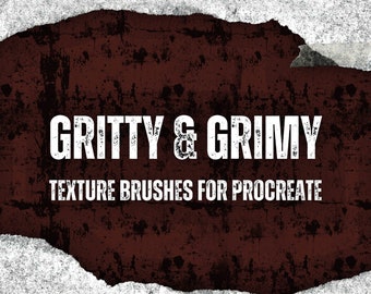 May include: A distressed, brown textured background with white text that reads "GRITTY & GRIMY TEXTURE BRUSHES FOR PROCREATE".