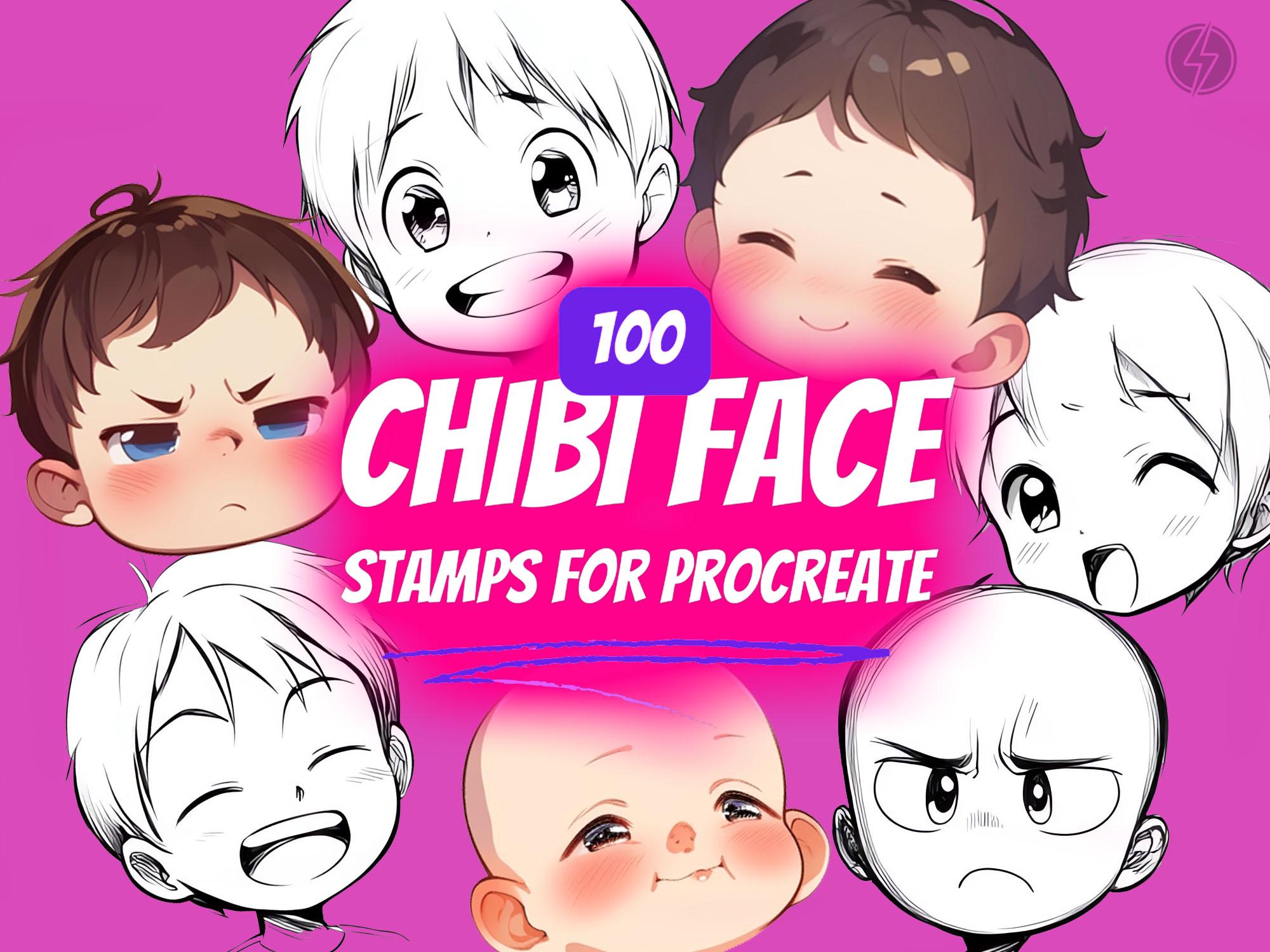 Pincéis Procreate Chibi Emote – Conjunto com 100 carinhas manga fofas e selos de base de cabeça