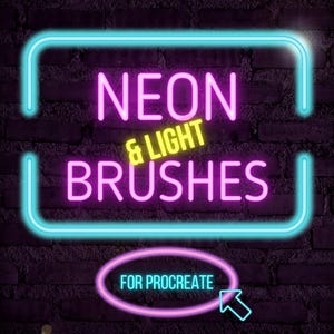 May include: Digital art graphic with the words "NEON & LIGHT BRUSHES" in pink and yellow neon lights, set against a dark purple brick wall. The text "FOR PROCREATE" is in a pink oval with a blue arrow.