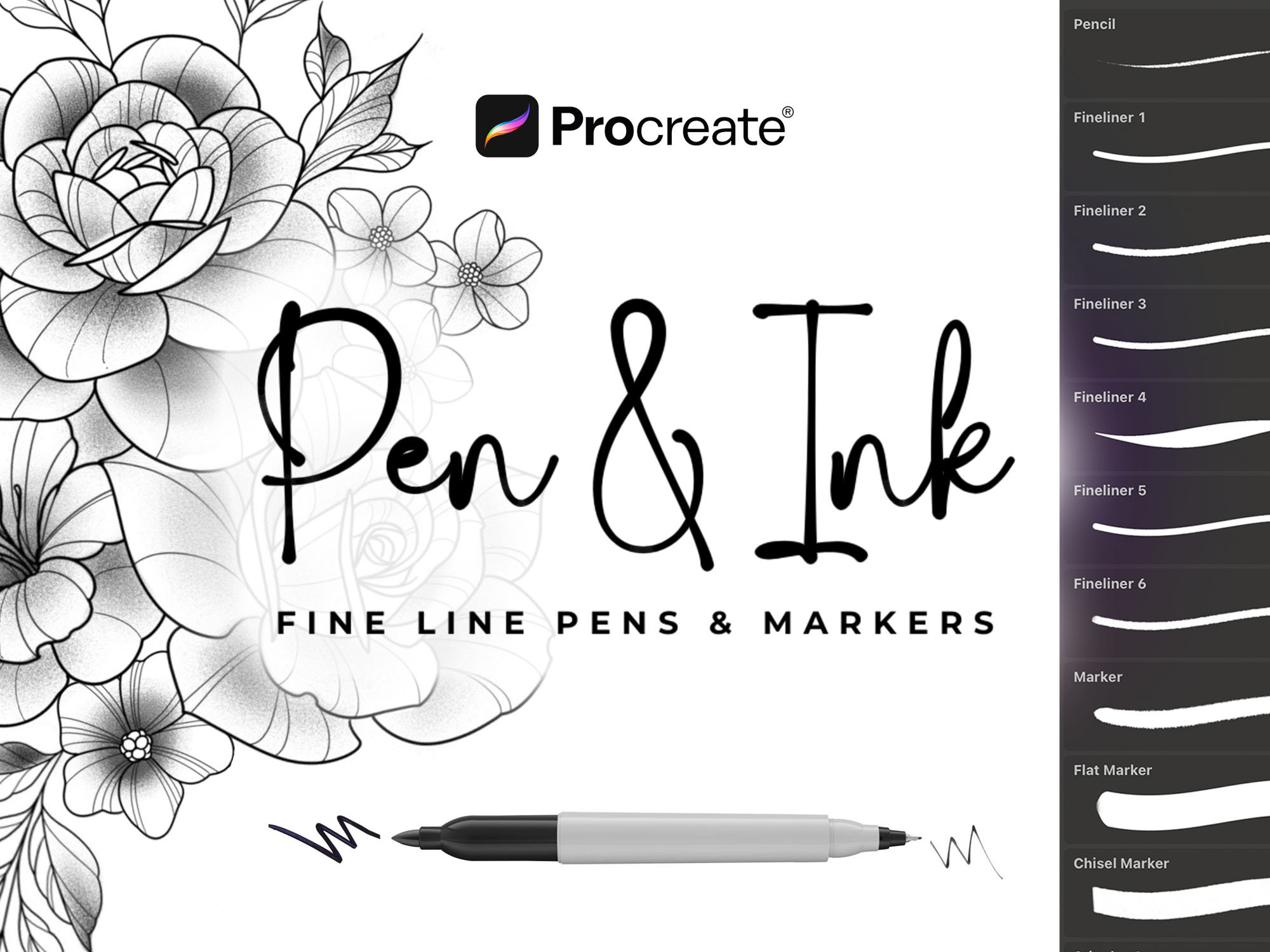 Procreate - Fine Line Ink Pen and Marker Brushes - Tattoo Sketch Liner Brushset