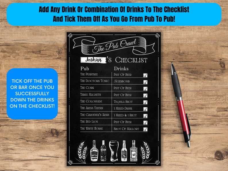 Custom Pub Crawl Invitations and Checklist for the Ultimate Etsy