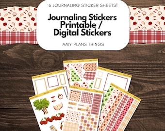 Puede incluir: Un conjunto de seis hojas de pegatinas de diario con temática de huerto de manzanas. Las hojas presentan varios diseños, incluyendo marcos, ilustraciones de manzanas y tiras estampadas. Se muestra el texto "Journaling Stickers Printable / Digital Stickers".