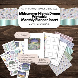 May include: A collection of printable planner inserts with a "Midsummer Night's Dream" theme. The bundle includes monthly trackers, planner pages, scrapbook paper, and stickers. The design features watercolor illustrations and the text "DIGITAL DOWNLOAD!"