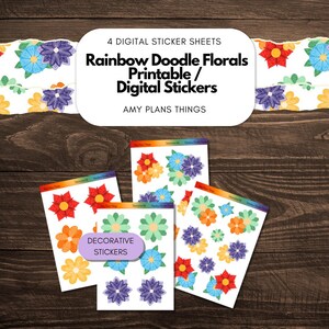 Könnte beinhalten: Vier digitale Stickerbögen mit bunten Doodle-Blumenmustern. Die Sticker sind mit "Rainbow Doodle Florals Printable / Digital Stickers" und "Decorative Stickers" beschriftet.