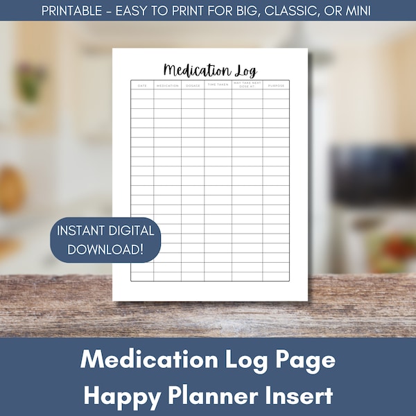 Medication Log PRINTABLE Planner Inserts for Happy Planner | Medication Tracker for Big, Classic, Mini | Meds Tracking Print at Home