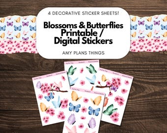 Printable Stickers - Blossoms & Butterflies Theme | Digital Download Stickers | Sticker for Planner Journal Stickers | Coffee Clip Art Books