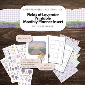 May include: A digital download bundle featuring a lavender-themed planner insert. The design includes monthly trackers, planner pages, scrapbook paper, and stickers. The image shows a watercolor illustration of a lavender field and text that reads "Fields of Lavender Printable Monthly Planner Insert."