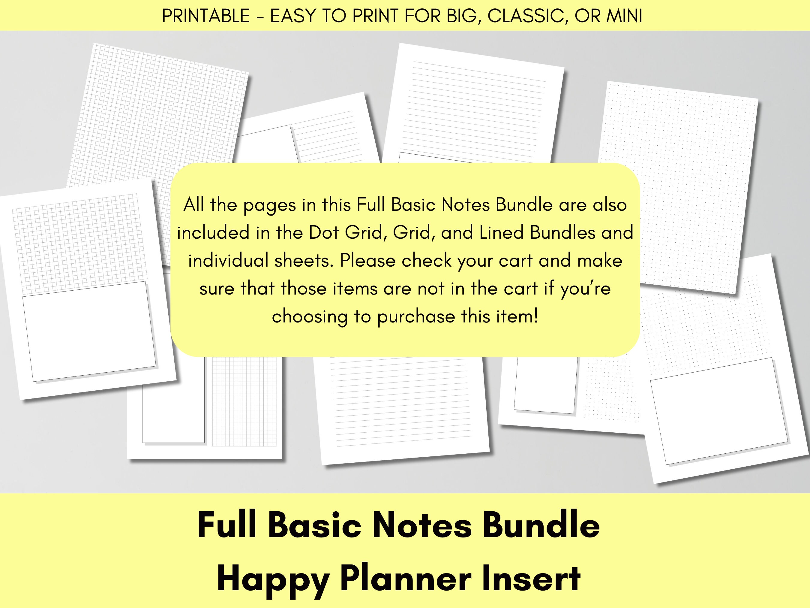 Full Basic Notes Bundle PRINTABLE Planner Insert for Happy Planner 9 ...