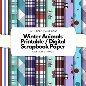 Winter Animals Printable Scrapbook Paper 12x12 | Digital Junk Journal Paper Pack | Printable Planner Designs | Winter Theme