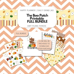 May include: A printable planner bundle with a Halloween theme. The bundle includes a calendar, stickers, and patterned paper with ghosts, pumpkins, and the text "The Boo Patch".