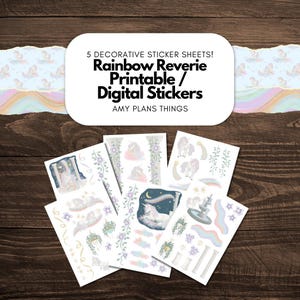 Rainbow Reverie-klistermärken: Utskrivbara dekorativa enhörningsklistermärken (digital nedladdning)