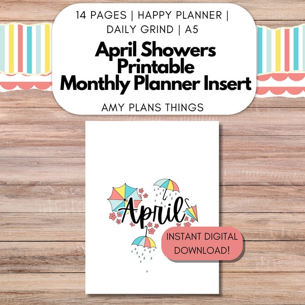 April 2024 Journal Insert | April Showers Journal Spread | PRINTABLE Planner Insert for Happy Planner, Daily Grind, A5 | COLORFUL Version