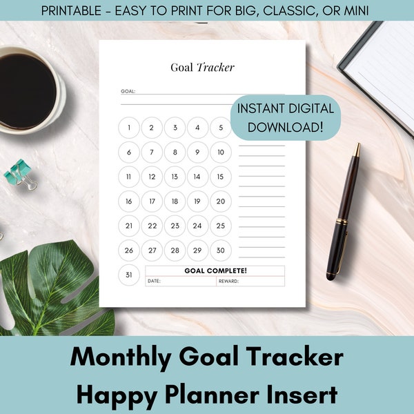 Monthly Goal Tracker Insert PRINTABLE - Happy Planner | Goal Tracking Big, Classic, Mini HP | Happy Planner Insert for Goals