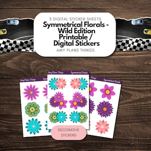 Könnte beinhalten: Drei digitale Stickerbögen mit symmetrischen floralen Designs in Rosa, Lila, Türkis und Gelb. Die Aufkleber zeigen verschiedene Blumenformen. Der Text lautet "Symmetrical Florals - Wild Edition Printable / Digital Stickers" und "Decorative Stickers".